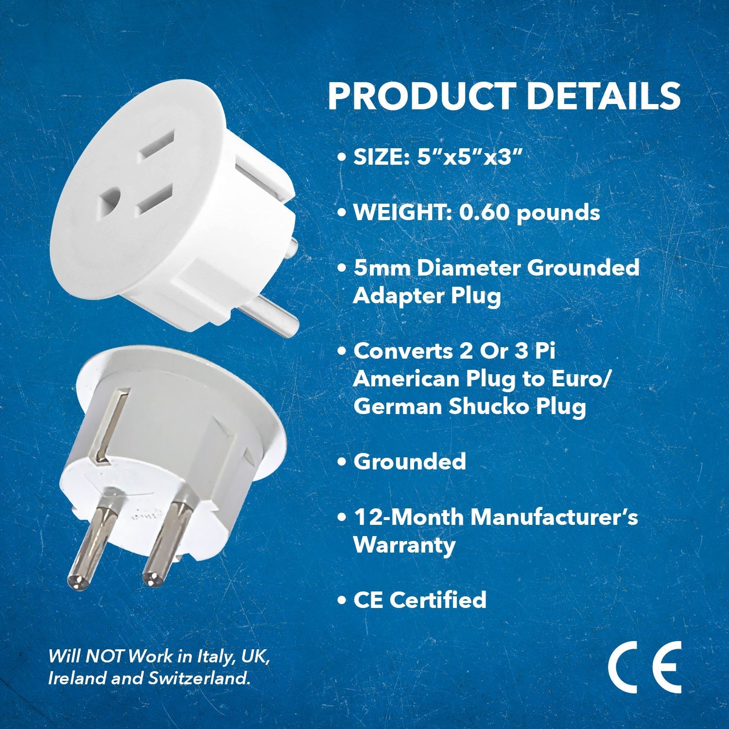 OREI American USA To European Schuko Germany Plug Adapters CE Certified Heavy Duty - 2 Pack (GS20)