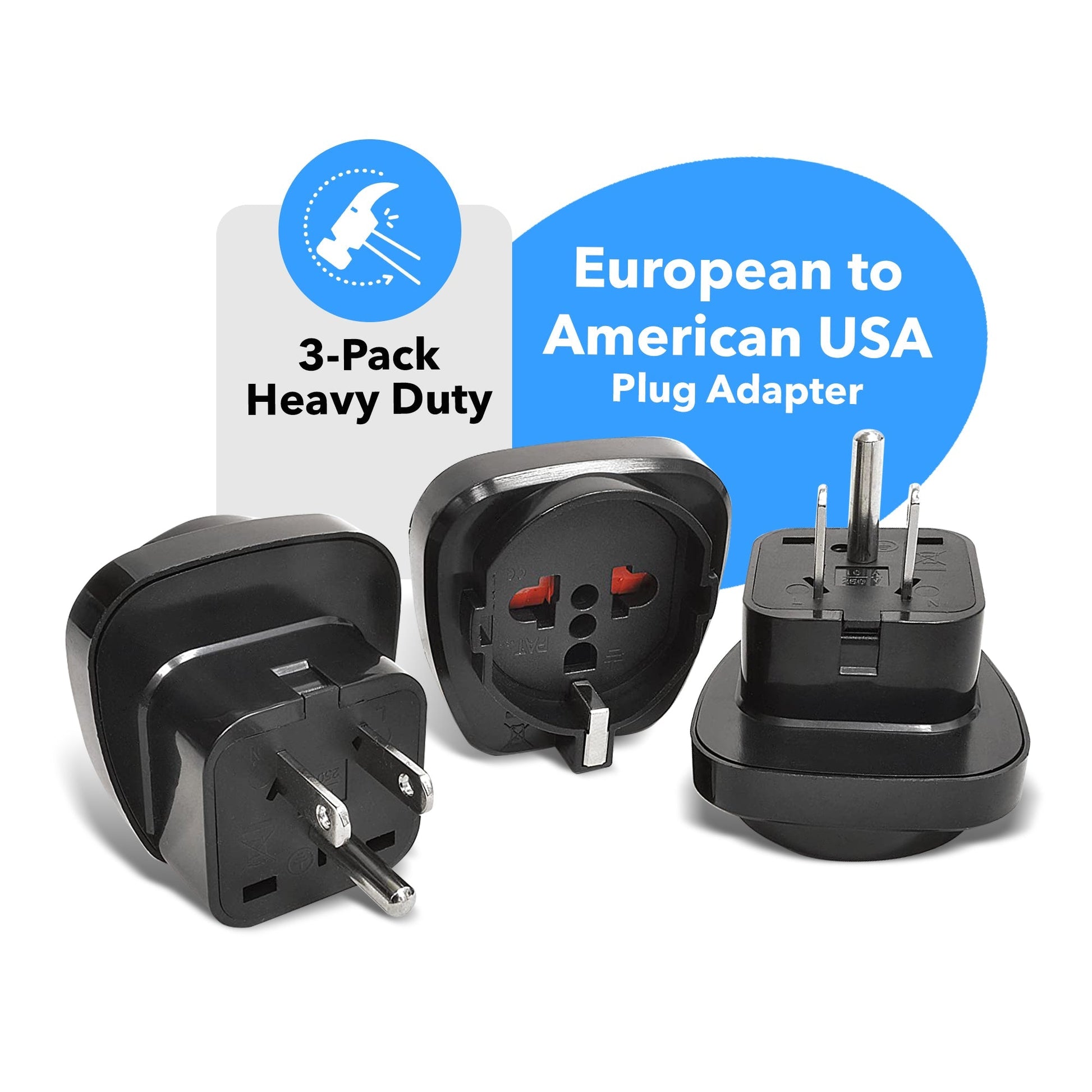 OREI GP-95 Schuko European to USA Grounded Plug Adapter - 3 Pack