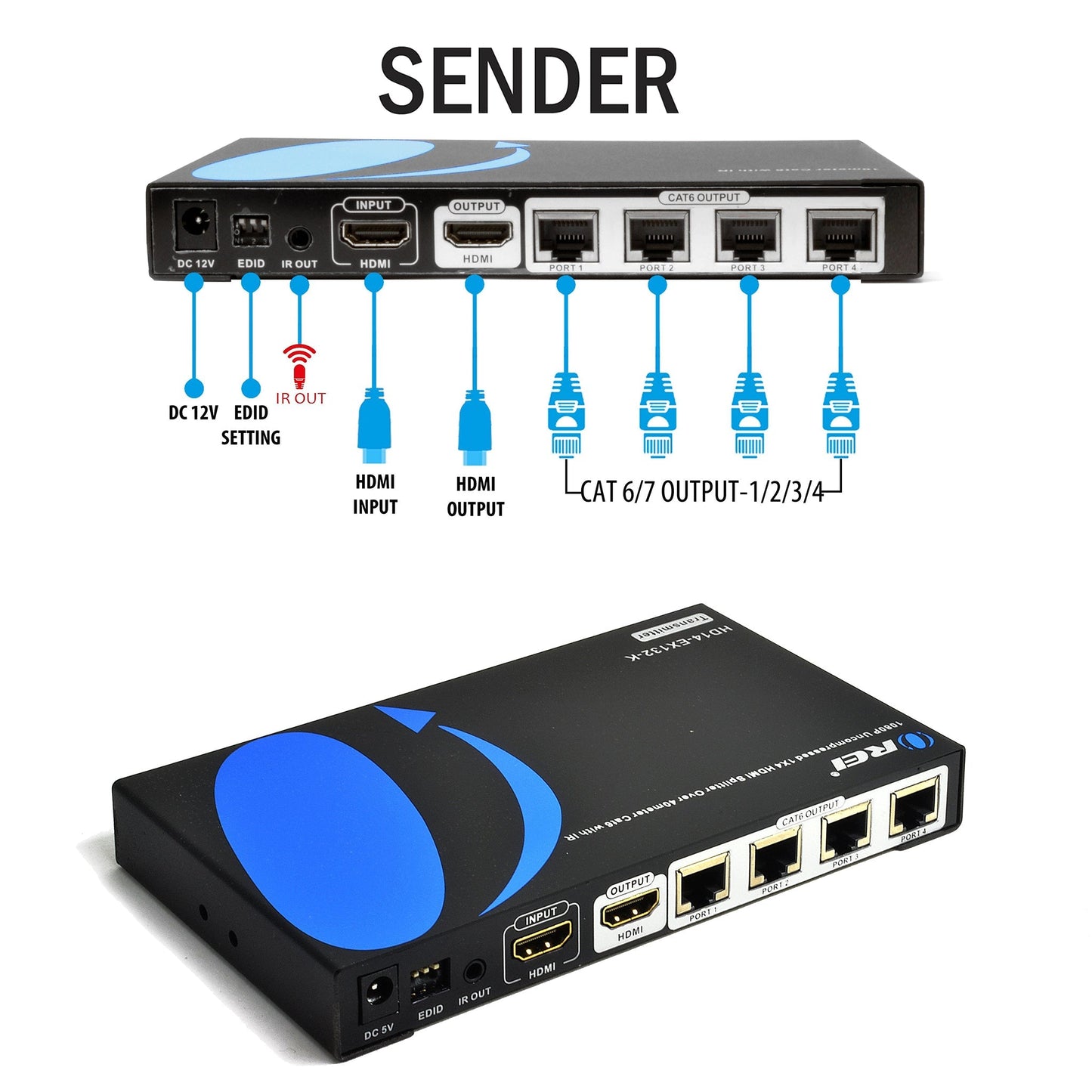 OREI HD14-EX132-K 1x4 HDMI Extender Splitter Over Single Cable CAT6/7 1080P With IR Remote EDID Management - Up To 132 Ft - Loop Out - Low Latency