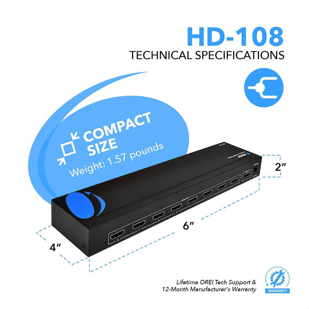 OREI HDMI Splitter 1 in 8 out 4K@30Hz with Advanced EDID Management, HDR & Dolby Vision (HD-108)