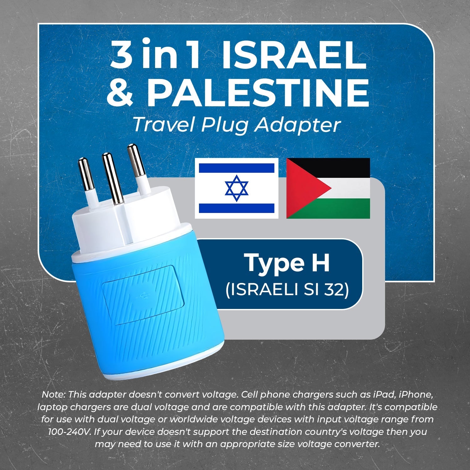 Palestine, Gaza, Israel Travel Adapter - 3 in 1 - 2 USB - Type H - Compact Design (U2U-14)