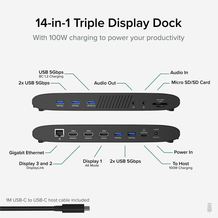 Plugable 14-in-1 USB-C Triple Monitor Laptop Docking Station with 100W Charging -