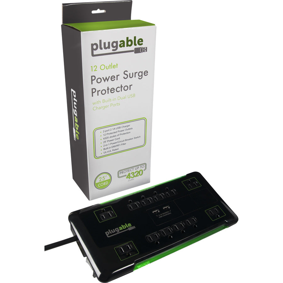 Plugable Surge Protector Power Strip With Usb And 12 Ac Outlets Ps12-Usb25