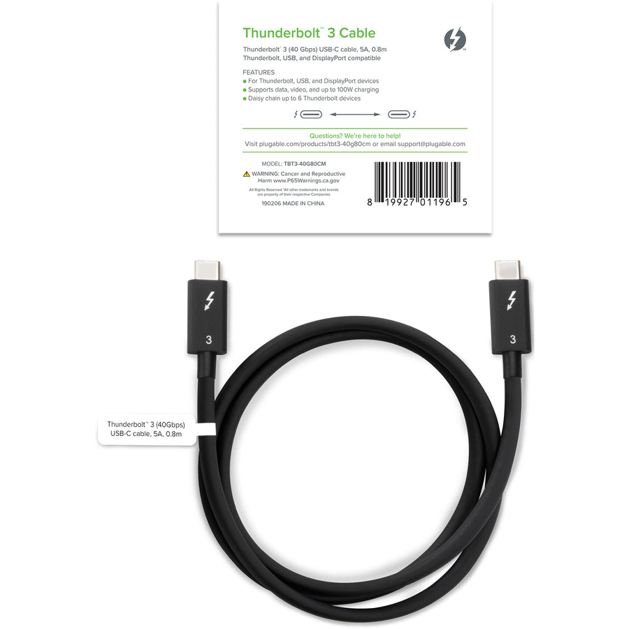 Plugable Tbt3-40G80Cm Tbt3,Cable 40Gbsp 100W Charging