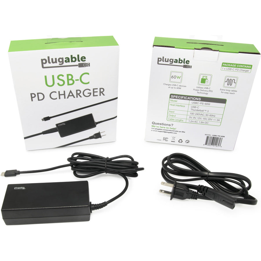 Plugable Usb-C Chromebook Charger Replacement, 60W Type C Charger For Laptops