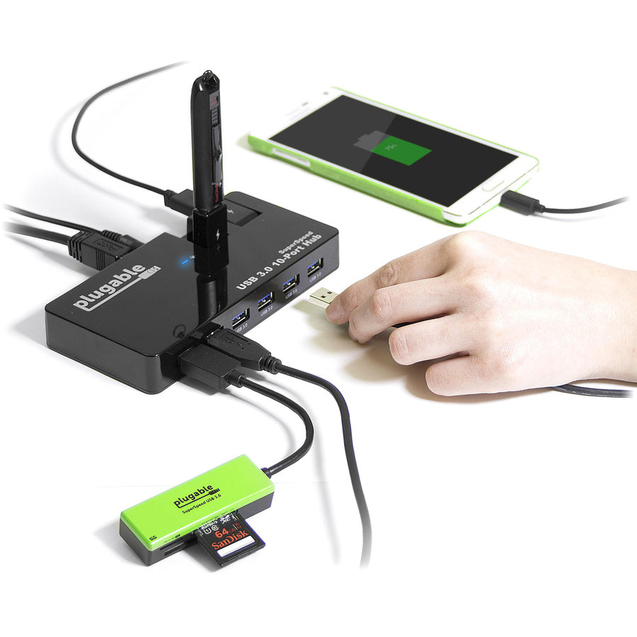 Plugable Usb Hub, 10 Port - Usb 3.0 5Gbps With 48W Power Adapter And Two Flip-Up Ports