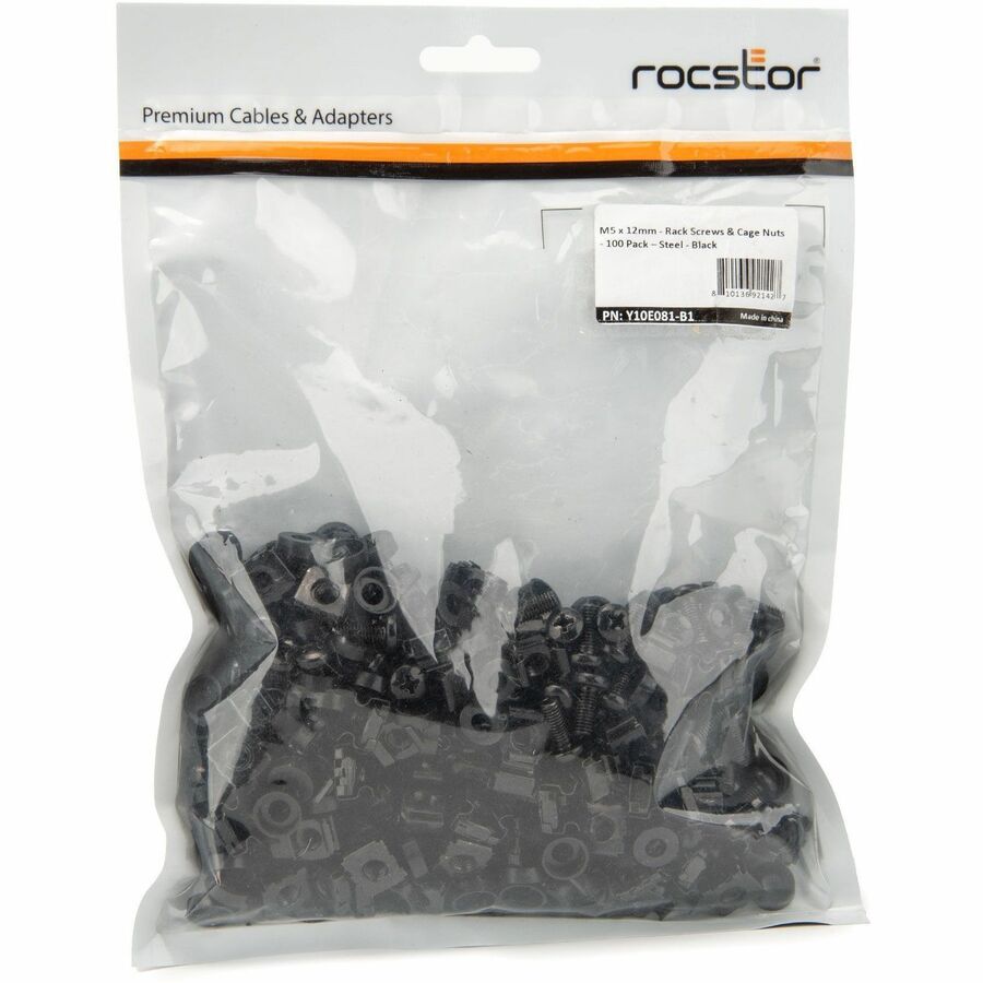 Rocstor M5 x 12mm - Rack Screws and Cage Nuts - 100 Pack, Black