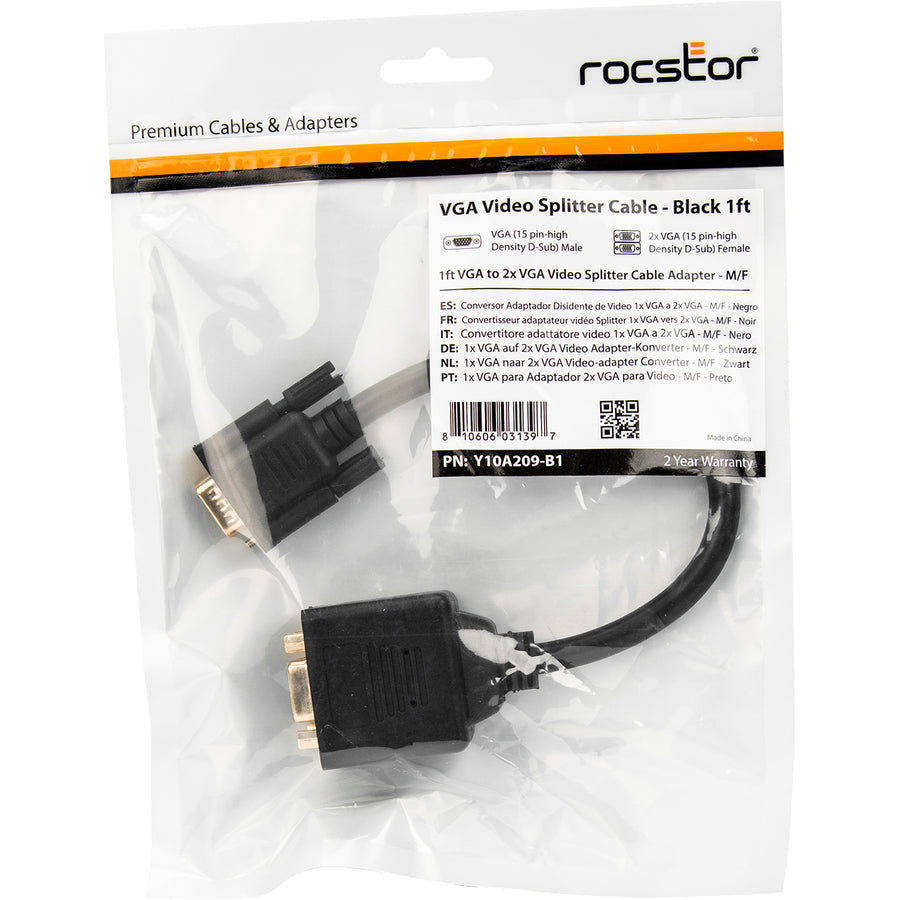 Rocstor Premium 1 Ft Vga To 2X Vga Video Splitter Cable M/F - Db-15 Male - Db-15 Female - Black