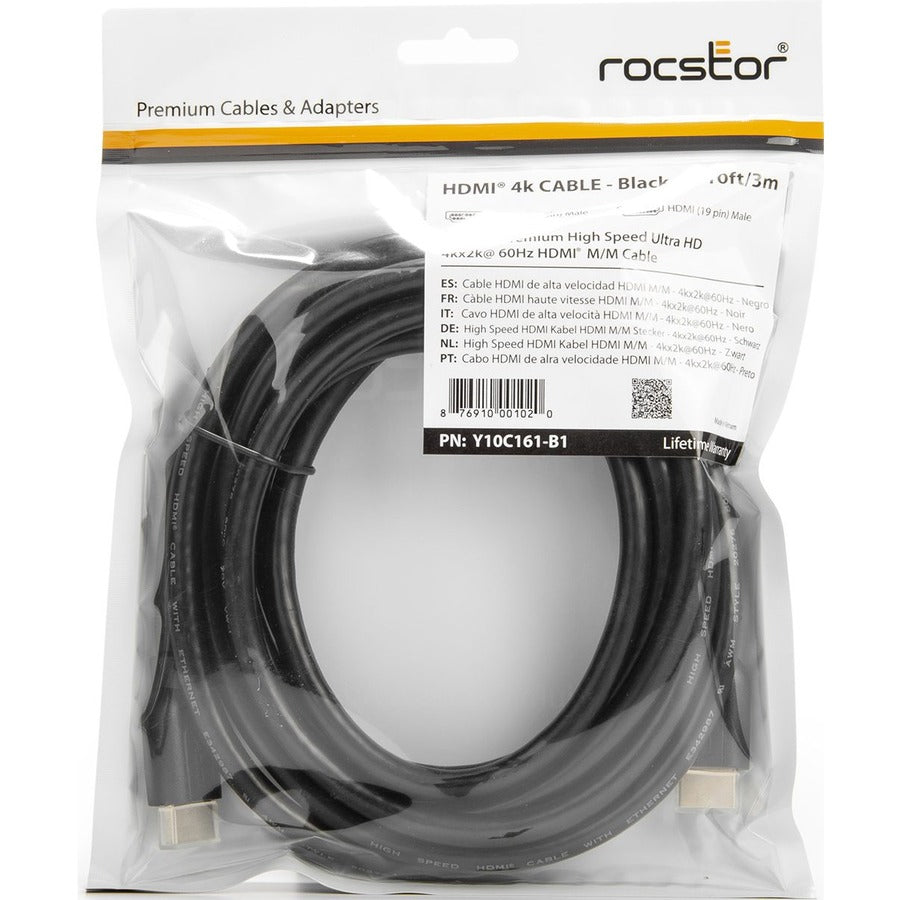 Rocstor Premium 10 Ft 4K High Speed Hdmi To Hdmi M/M Cable - Ultra Hd Hdmi 2.0 Supports 4K X 2K At 60Hz With Resolutions Up To 3840X2160P And 18Gbps Bandwidth - Hdmi 2.0 To Hdmi 2.0 Male/Male - Hdmi 2.0 For Hdtv, Dvd Player, Stereo Receiver, Digital Signa