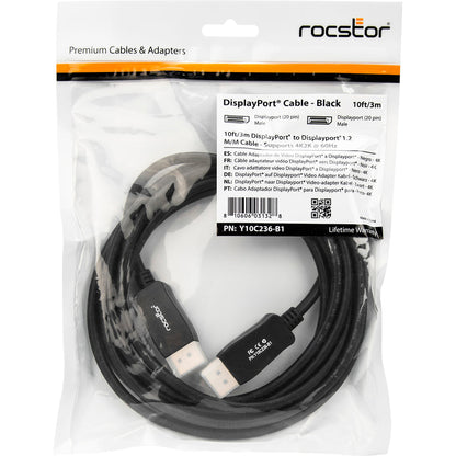 Rocstor Premium 10Ft / 3M Displayport 1.2 Cable M/M - Displayport 4K - Displayport Male Digital Audio/Video - 10Ft - Black- Dp To Dp Cable 4Kx2K