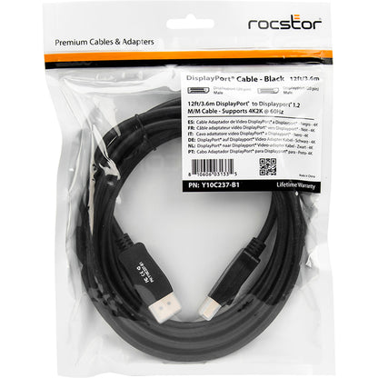 Rocstor Premium 12Ft / 4M Displayport 1.2 Cable M/M - Displayport 4K - Displayport Male Digital Audio/Video - 12Ft - Black- Dp To Dp Cable 4Kx2K