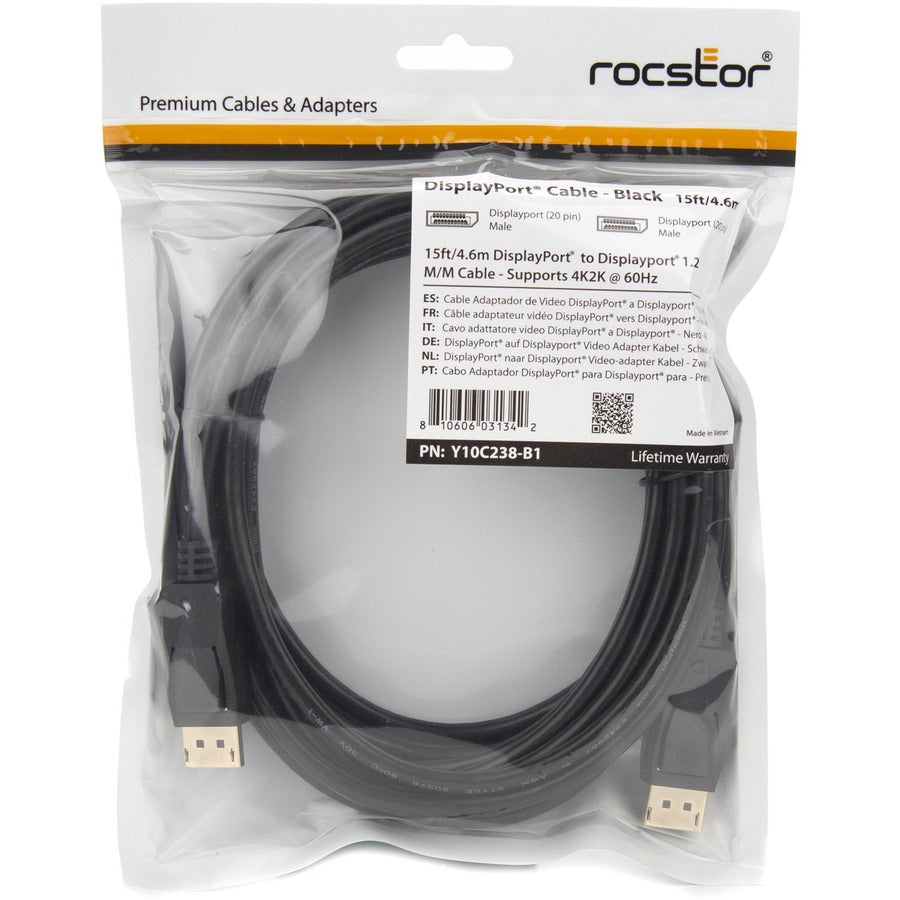 Rocstor Premium 15Ft / 5M Displayport 1.2 Cable M/M - Displayport 4K - Displayport Male Digital Audio/Video - 15Ft - Black- Dp To Dp Cable 4Kx2K