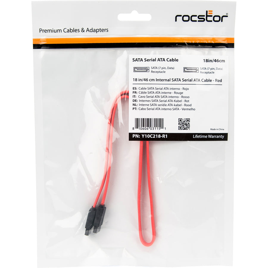 Rocstor Premium 18In Sata Serial Ata Cable - Sata - 18In - 1 X Female Sata - 1 X Female Sata - Red