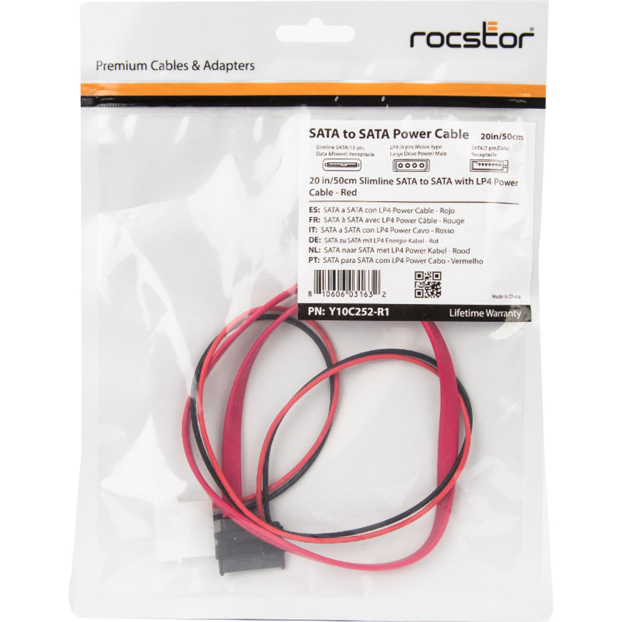 Rocstor Premium 20In / 50Cm Slimline Sata To Sata With Lp4 Power Cable Adapter - 20 W/ Lp4 Power Cable Adapter - Red