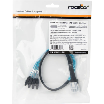 Rocstor Premium 20In Serial Attached Scsi Sas Cable - Sff-8087 To 4X Latching Sata - Sas/Sata For Hard Drive - 20In / 50Cm - 1 Pack - Sff-8087 Male Sas - Male Sata - Blue Sff-8087 To 4X Sata Cable