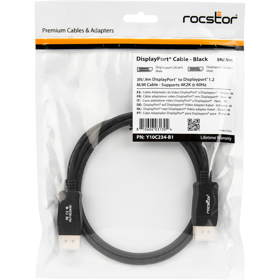 Rocstor Premium 3Ft / 1M Displayport 1.2 Cable M/M - Displayport 4K - Displayport Male Digital Audio/Video - 3Ft - Black- Dp To Dp Cable 4Kx2K