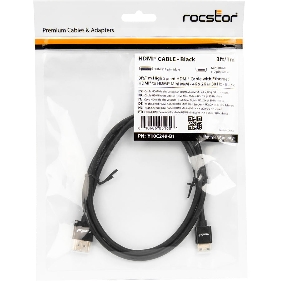 Rocstor Premium 3Ft Slim High-Speed Hdmi Cable With Ethernet - Hdmi To Hdmi Mini M/M - Hdmi For Audio/Video Device Hdmi M/M High Speed Flat Cable