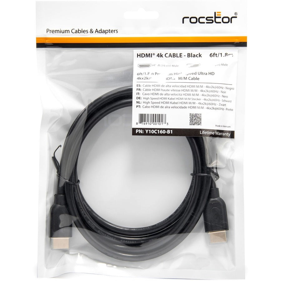 Rocstor Premium 6 Ft 4K High Speed Hdmi To Hdmi M/M Cable - Ultra Hd Hdmi 2.0 Supports 4K X 2K At 60Hz With Resolutions Up To 3840X2160P And 18Gbps Bandwidth - Hdmi 2.0 To Hdmi 2.0 Male/Male - Hdmi 2.0 For Hdtv, Dvd Player, Stereo Receiver, Digital Signag