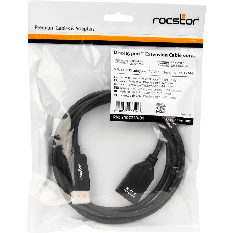 Rocstor Premium 6 Ft Displayport Video Extension Cable - M/F - Displayport Male Video - Displayport Female Video - Black - Display Port Video Extension Cable