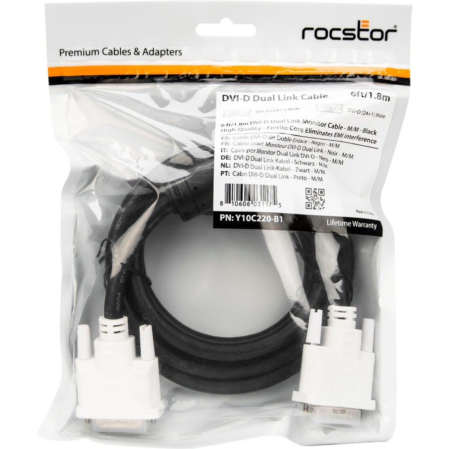 Rocstor Premium 6Ft Dvi-D Dual Link Cable - M/M - 6Ft - Black - Video Monitor Cable