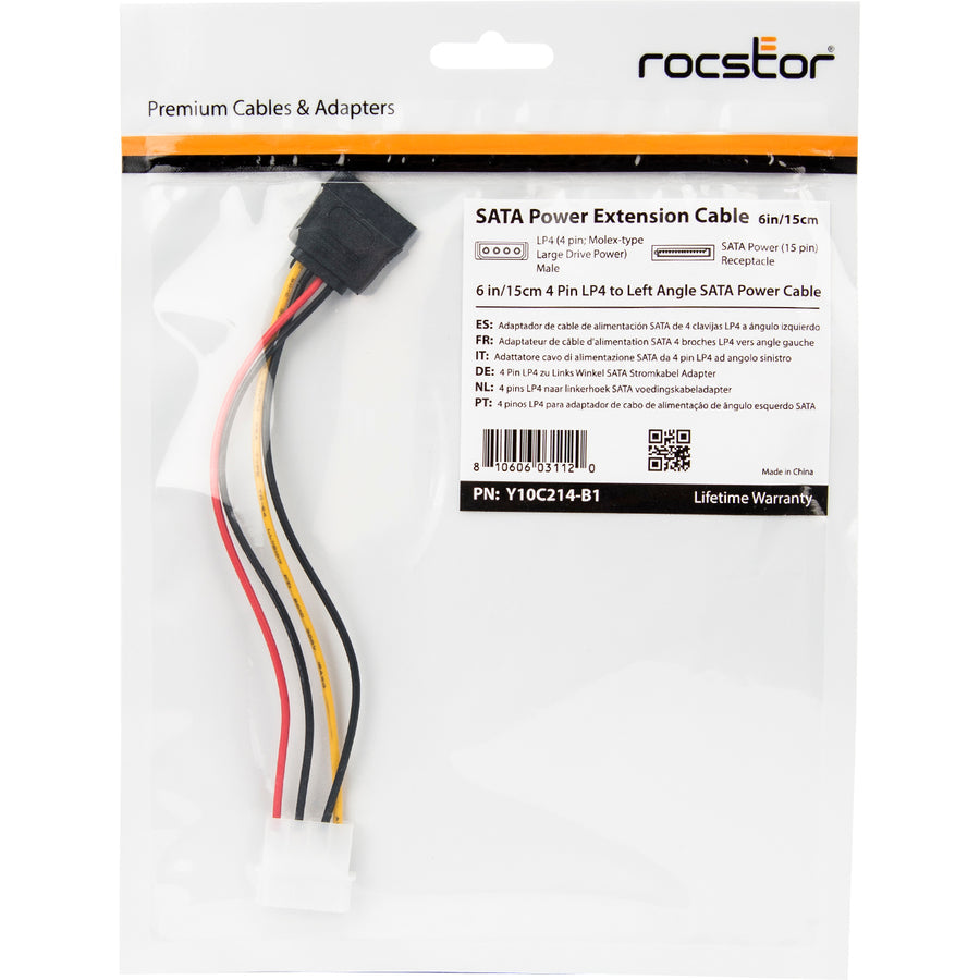 Rocstor Premium 6In 4 Pin Molex To Left Angle Sata Power Cable Adapter - Lp4 - Sata Power Adapter Cable