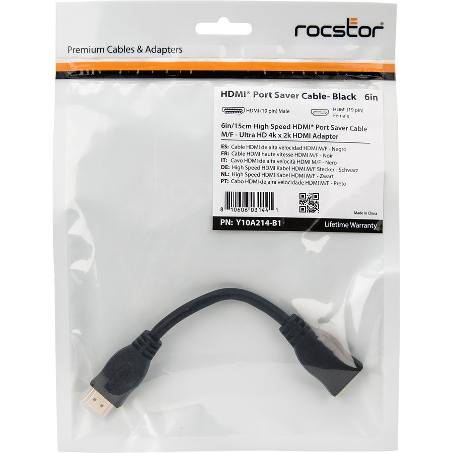 Rocstor Premium 6In High Speed Hdmi Port Saver Cable M/F - Ultra Hd 4K X 2K Hdmi Cable - Hdmi - 1 X Hdmi Female - 1 X Hdmi Male - Black Extension Cable