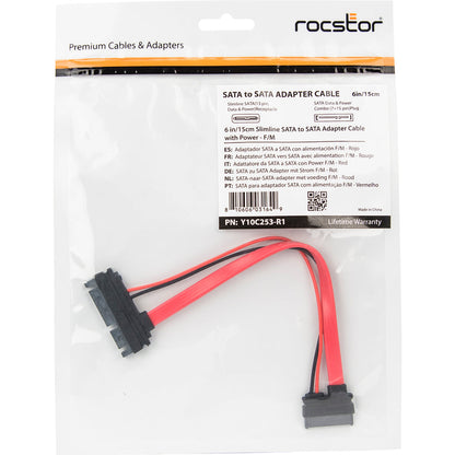 Rocstor Premium 6In Slimline Sata To Sata Adapter With Power - F/M - Sata For Optical Drive, Motherboard - 6" - 1 Pack - 1 X Sata - 1 X Sata - Red - Adapter With Power