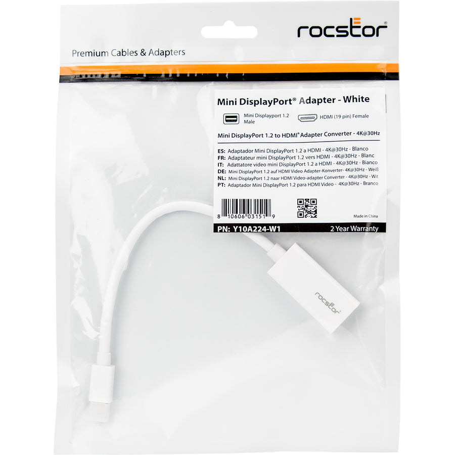 Rocstor Premium 8In / 20Cm Mini Displayport To Hdmi 4K Audio / Video Converter - Mdp 1.2 To Hdmi Active Adapter For Macbook Air / Macbook Pro - 4K @ 30 Hz - White - Hdmi/Mini Displayport For Audio/Video Device, Macbook Pro, Macbook Air - 8In - 1 Pack - 1