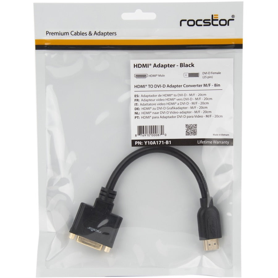 Rocstor Premium 8In Hdmi To Dvi-D Video Adapter F/M- Hdmi Female To Dvi Male For Computers, Monitors, Notebook, Video Device - 8" - 1 Retail Pack - 1 X Hdmi Female - 1 X Dvi-D (24+1) Male - Gold Platted - Shielding - Black Cable Hdmi Female To Dvi-D Male