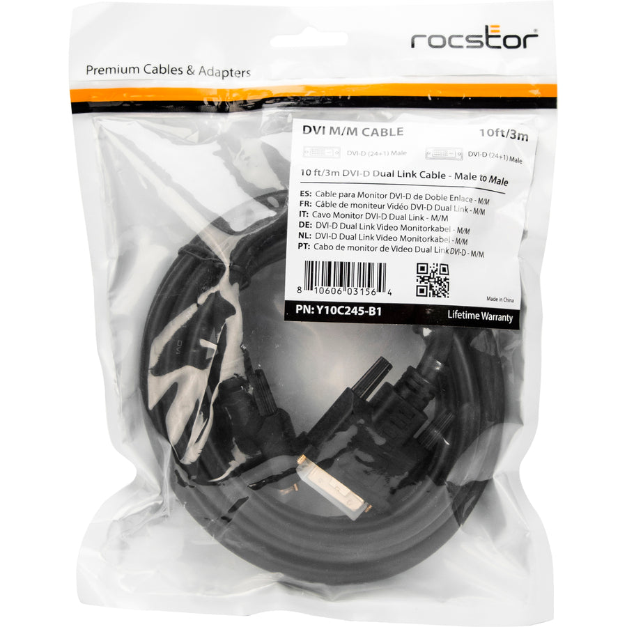 Rocstor Premium Dvi-D Dual Link Display Cable (M/M) Black - Dvi For Video Device, Monitor, Projector, Tv - 1.24 Gb/S - 10 Ft - 1 Pack - 1 X Dvi (Dual-Link) Male Digital Video - 1 X Dvi (Dual-Link) Male Digital Video - Nickel Plated Connector - Black