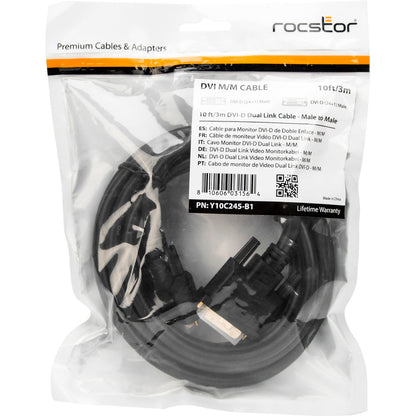 Rocstor Premium Dvi-D Dual Link Display Cable (M/M) Black - Dvi For Video Device, Monitor, Projector, Tv - 1.24 Gb/S - 10 Ft - 1 Pack - 1 X Dvi (Dual-Link) Male Digital Video - 1 X Dvi (Dual-Link) Male Digital Video - Nickel Plated Connector - Black