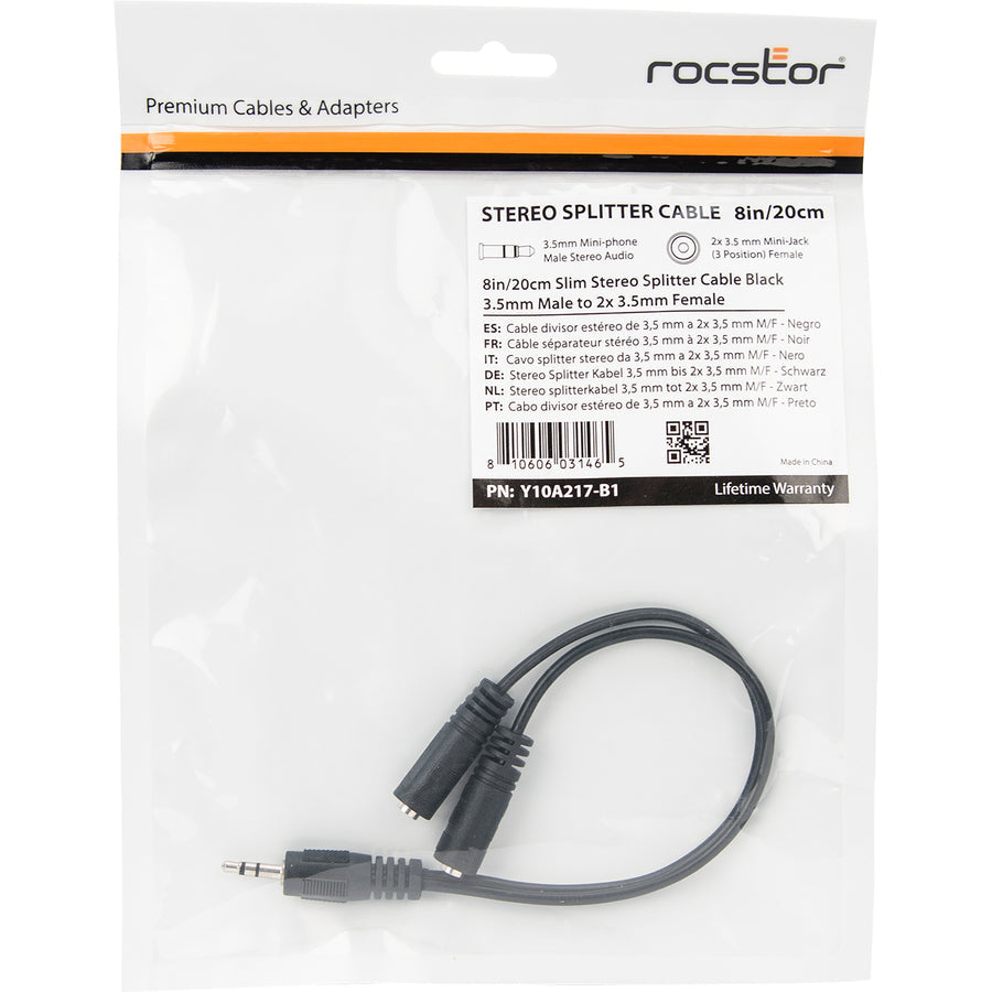 Rocstor Premium Slim Stereo Splitter Cable - 3.5Mm Male To 2X 3.5Mm Female - 1 X Mini-Phone Male Stereo Audio - 2 X Mini-Phone Female Stereo Audio - Nickel-Plated Connectors - Black Cable 3.5Mm To 2X3.5Mm M/F