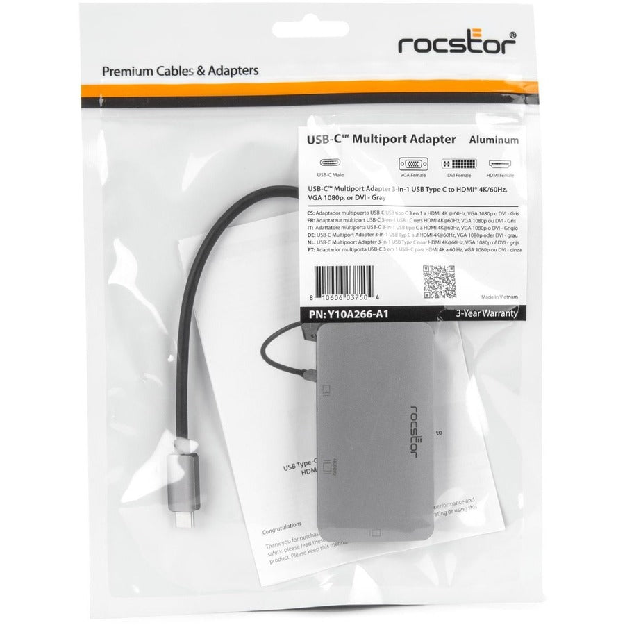Rocstor Premium Usb-C Multiport Hub 3-In-1, Hdmi, Vga Or Dvi Adapter