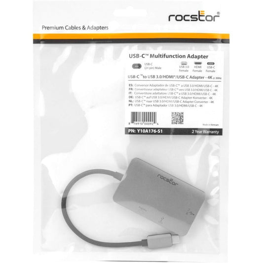 Rocstor Premium Usb-C To Hdmi Multiport Adapter - Usb-C To Hdmi/Usb-C (3.1)/Usb 3.0 For Audio/Video Device, Notebook, Tv, Monitor, Projector, Macbook, Macbook Pro, Chromebook, Imac, Mac Mini - 8" - 1 X Usb-C Male To 1 X Hdmi Female Digital Audio/Video - 1