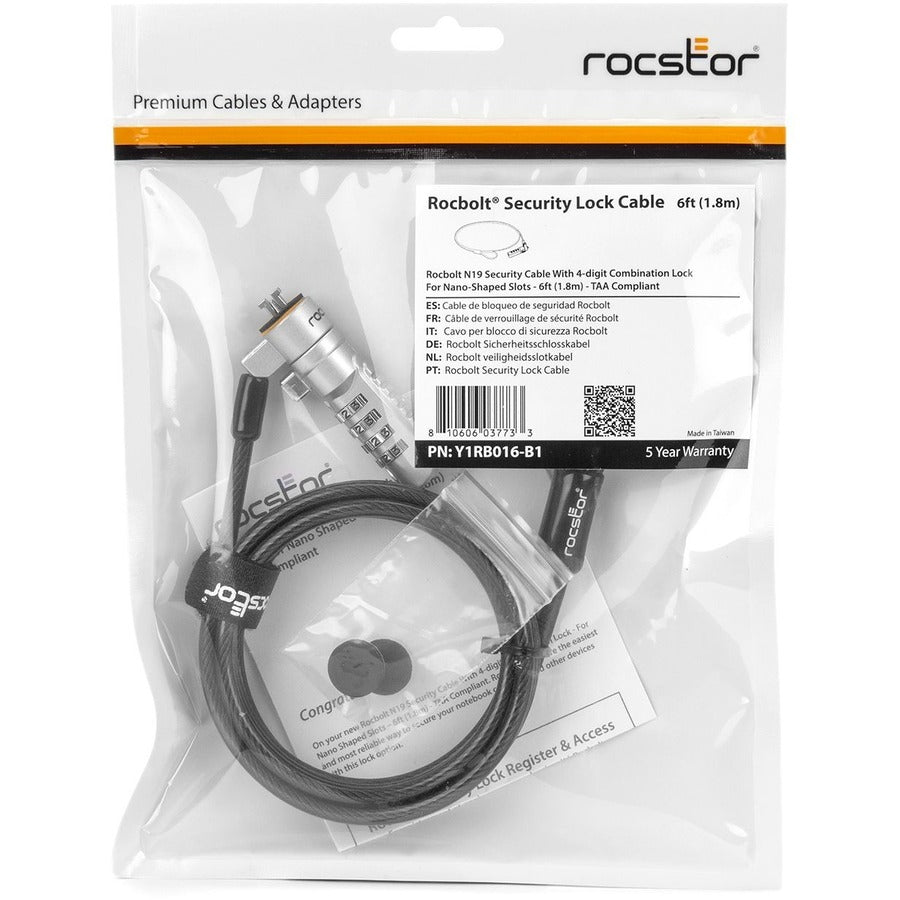 Rocstor Rocbolt N19 Security Cable, 4-Digit Combination Lock For Nano-Shaped Slots