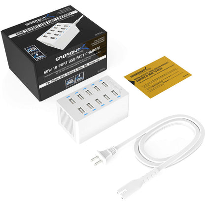 Sabrent 60 Watt (12 Amp) 10 Port Desktop Smart Usb Rapid Charger | White