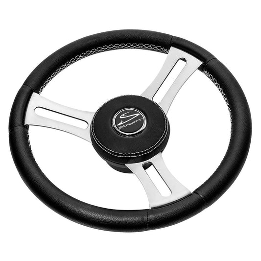 Schmitt Marine Torcello Elite 14" Wheel - Black Leather &amp; Cap - White Stitching - Polished SS Spokes - 3/4" Tapered Shaft