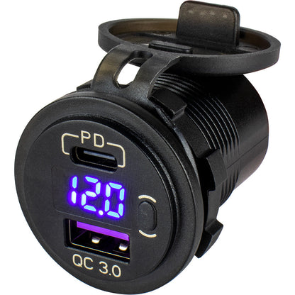 Sea-Dog Round USB &amp; USB-C Power Socket w/Hidden Voltmeter