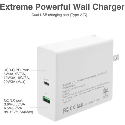 Siig 65W Usb-C Pd Charger Power Delivery With Qc3.0 Wall Charge