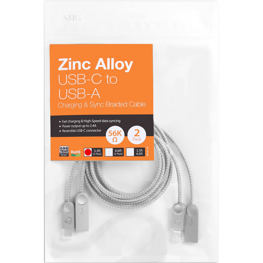 Siig Zinc Alloy Usb-C To Usb-A Charging & Sync Braided Cable - 3.3Ft, 2-Pack