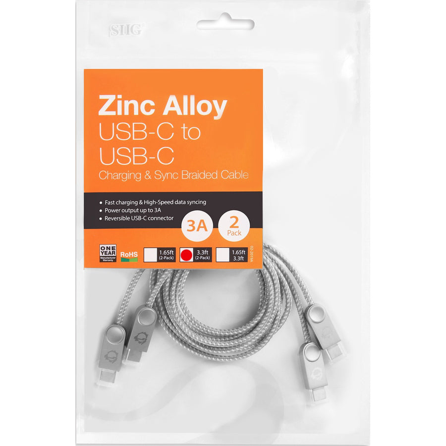 Siig Zinc Alloy Usb-C To Usb-C Charging & Sync Braided Cable - 3.3Ft, 2-Pack