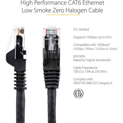 Startech.Com 10Ft (3M) Cat6 Ethernet Cable - Lszh (Low Smoke Zero Halogen) - 10 Gigabit 650Mhz 100W Poe Rj45 Utp Network Patch Cord Snagless With Strain Relief - Black Cat 6, Etl Verified, 24Awg