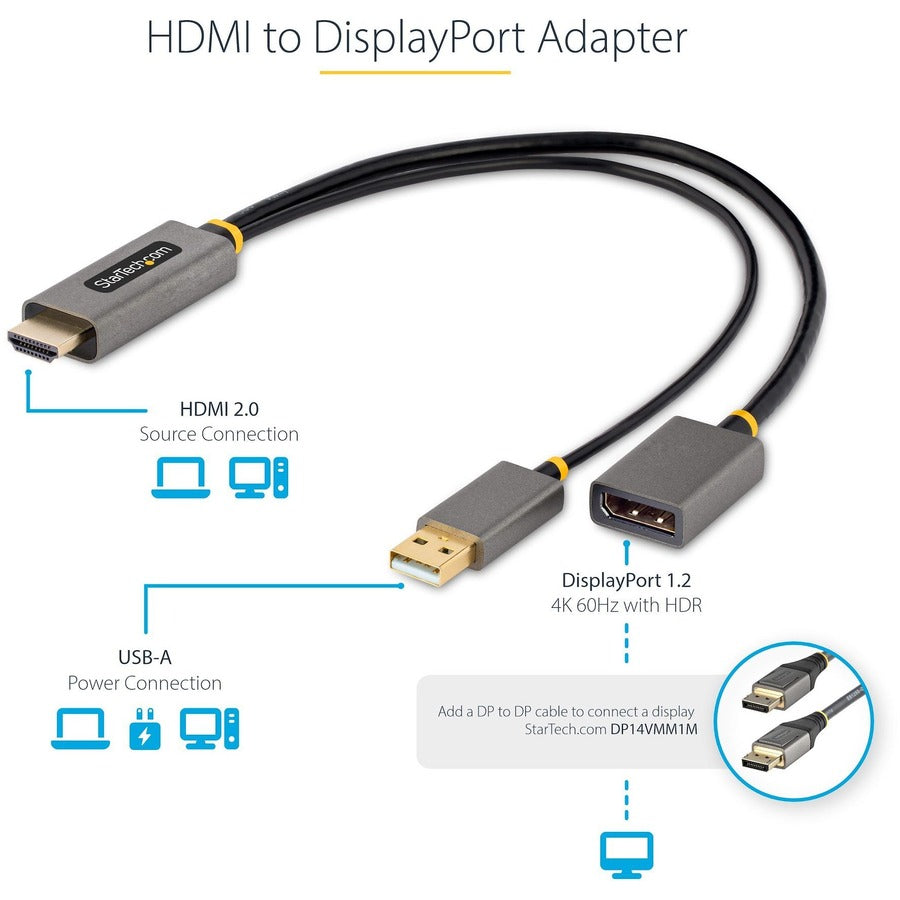 Startech.Com 1Ft (30Cm) Hdmi To Displayport Adapter, 4K 60Hz Hdr Hdmi Source To Dp Monitor, Usb Bus Powered, Hdmi 2.0 To Displayport 1.2