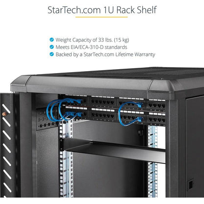 Startech.Com 1U Server Rack Shelf - Universal Rack Mount Cantilever Shelf For 19" Network Equipment Rack & Cabinet - Heavy Duty Steel  Weight Capacity 33Lb/15Kg - 7" Deep Tray, Black