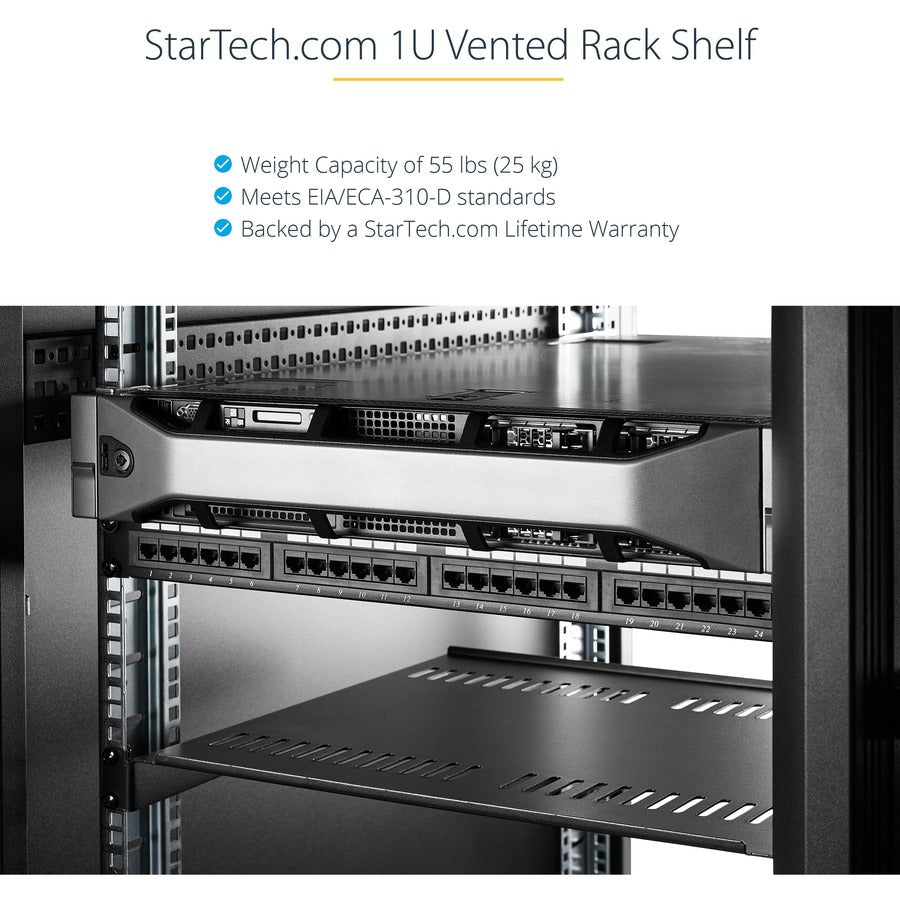 Startech.Com 1U Server Rack Shelf - Universal Vented Rack Mount Cantilever Tray For 19" Network Equipment Rack & Cabinet - Durable Design - Weight Capacity 55Lb/25Kg - 12" Deep Shelf, Black