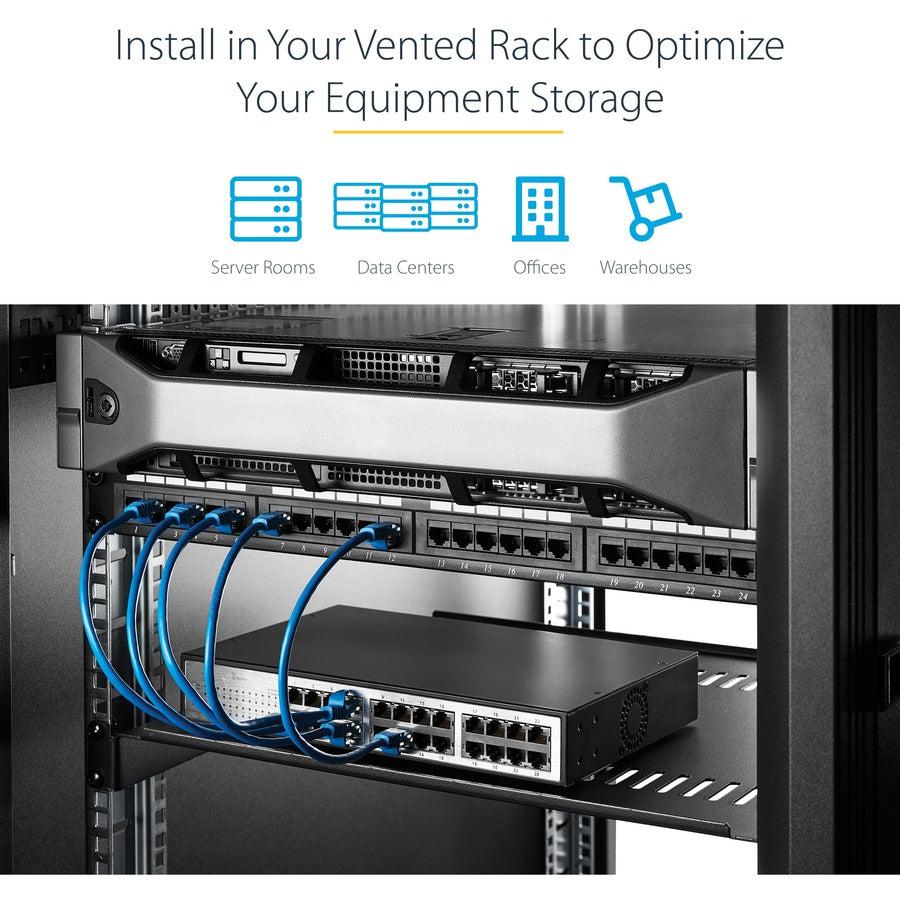 Startech.Com 1U Server Rack Shelf - Universal Vented Rack Mount Cantilever Tray For 19" Network Equipment Rack & Cabinet - Heavy Duty Steel – Weight Capacity 44Lb/20Kg - 16" Deep Shelf, Black