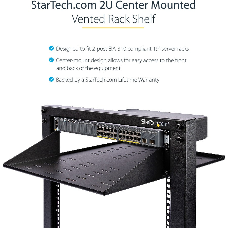 Startech.Com 2U Server Rack Shelf - Universal Vented Rack Mount Cantilever Tray For 19" Network Equipment Rack & Cabinet - Durable Design - Weight Capacity 200Lb/91Kg - 20" Deep Shelf, Black