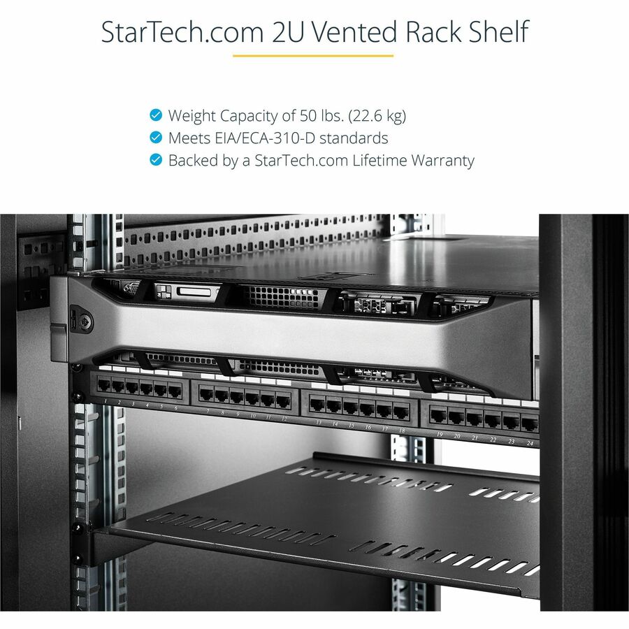 Startech.Com 2U Server Rack Shelf - Universal Vented Rack Mount Cantilever Tray For 19" Network Equipment Rack & Cabinet - Heavy Duty Steel  Weight Capacity 50Lb/23Kg - 22" Deep Shelf, Black
