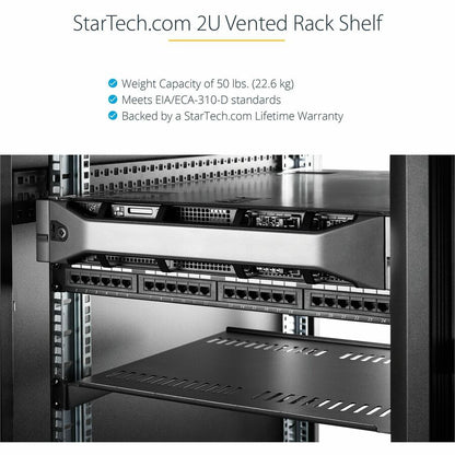 Startech.Com 2U Server Rack Shelf - Universal Vented Rack Mount Cantilever Tray For 19" Network Equipment Rack & Cabinet - Heavy Duty Steel  Weight Capacity 50Lb/23Kg - 22" Deep Shelf, Black