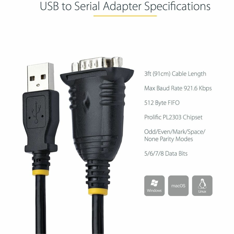 Startech.Com 3Ft (1M) Usb To Serial Cable, Db9 Male Rs232 To Usb Converter, Usb To Serial Adapter, Com Port Adapter With Prolific Ic